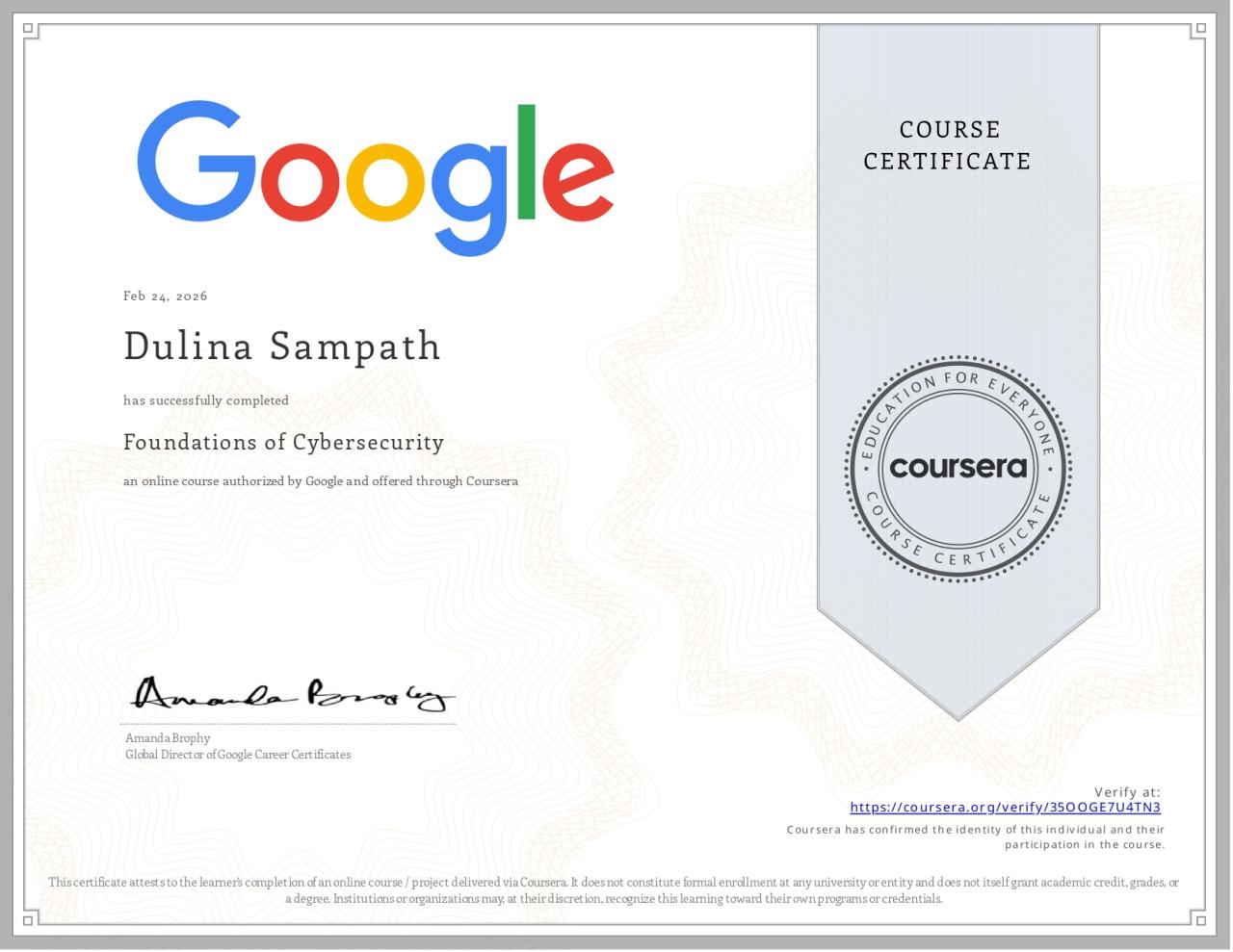 Google Foundations of Cybersecurity Certificate