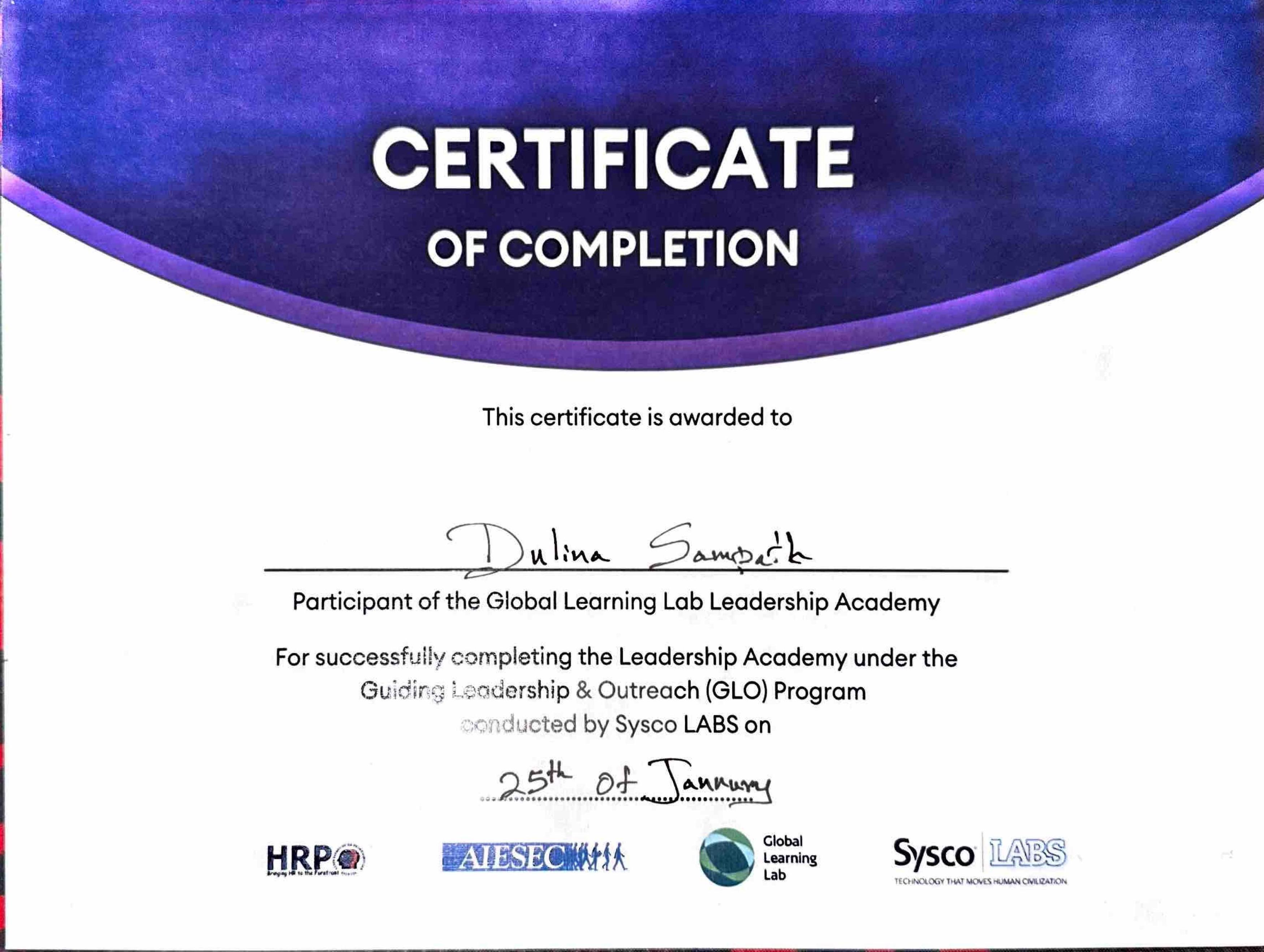 Global Learning Lab Leadership Academy Certificate